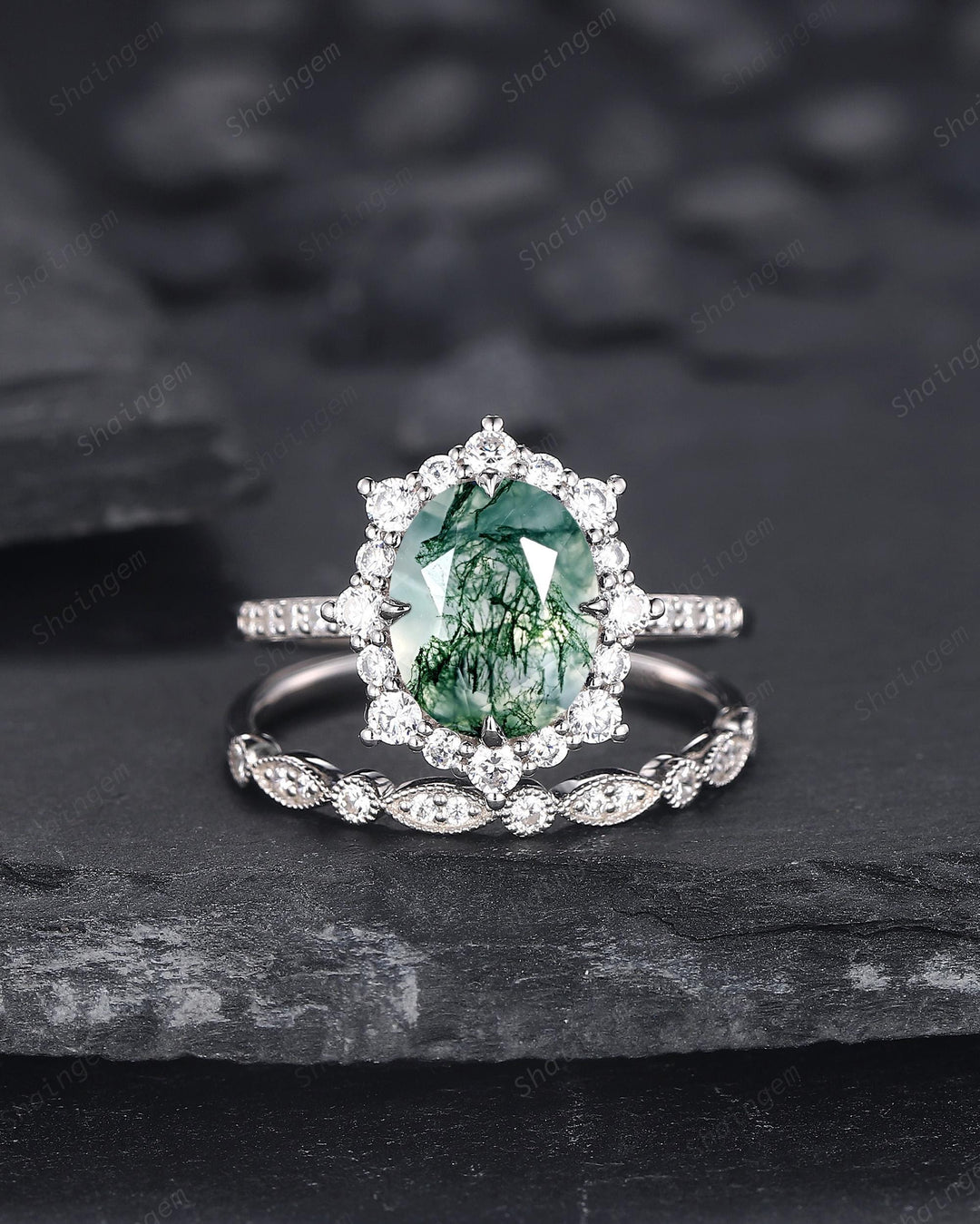 Platinum Oval Shape Moss Agate Halo Engagement Ring Set, Unique White Gold Wedding Set, Silver Moss Agate Bridal Set Anniversary Ring Gift - ShainJewelry
