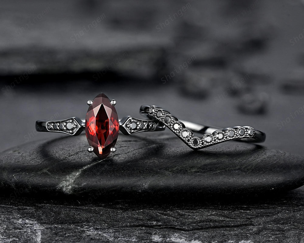 Gothic Black Marquise Cut Natural Red Garnet Engagement Ring Set, Black Rhodium Dark Wedding Bridal Set, Curved Milgrain Promise Ring Gift - ShainJewelry