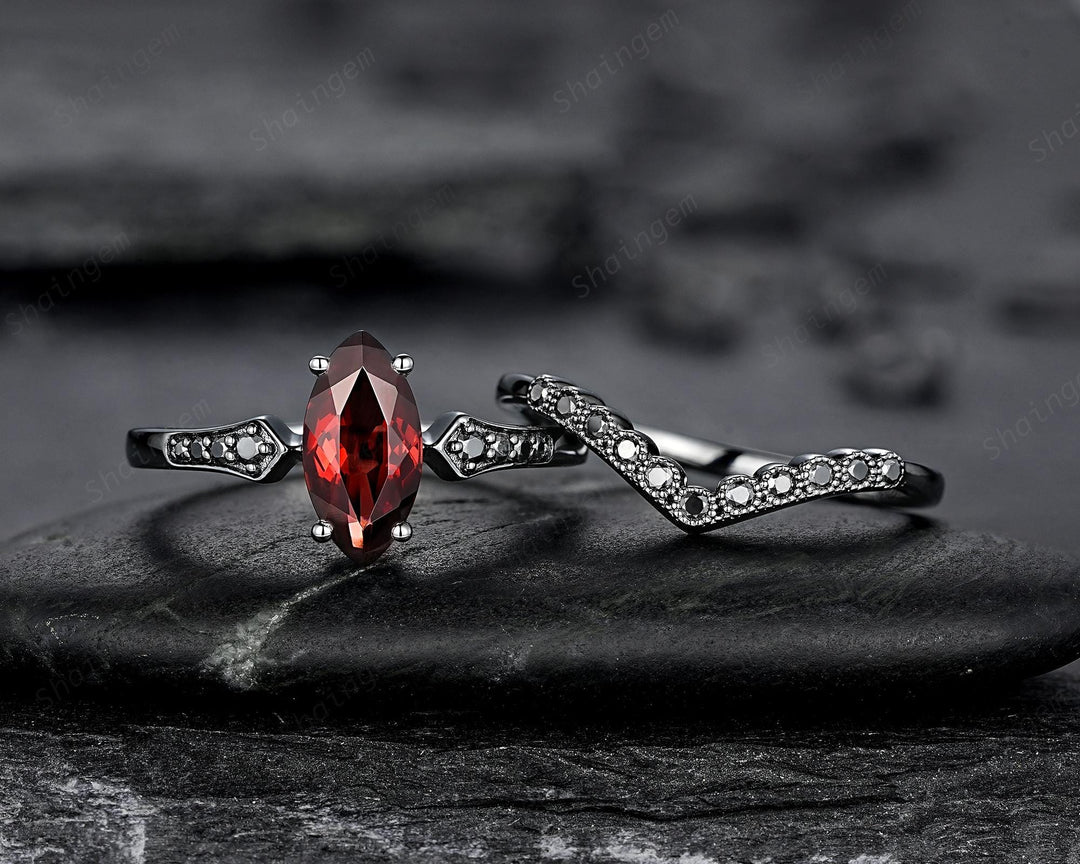 Gothic Black Marquise Cut Natural Red Garnet Engagement Ring Set, Black Rhodium Dark Wedding Bridal Set, Curved Milgrain Promise Ring Gift - ShainJewelry