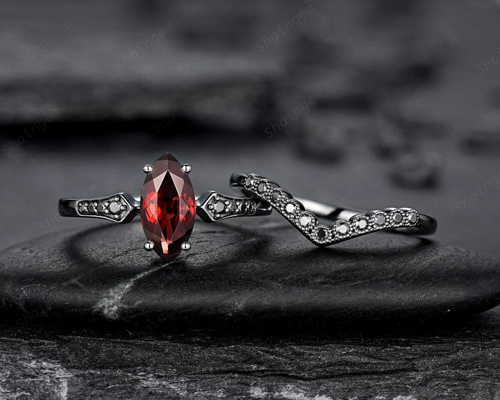 Gothic Black Marquise Cut Natural Red Garnet Engagement Ring Set, Black Rhodium Dark Wedding Bridal Set, Curved Milgrain Promise Ring Gift - ShainJewelry