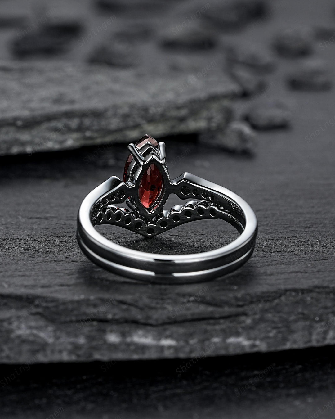 Gothic Black Marquise Cut Natural Red Garnet Engagement Ring Set, Black Rhodium Dark Wedding Bridal Set, Curved Milgrain Promise Ring Gift - ShainJewelry