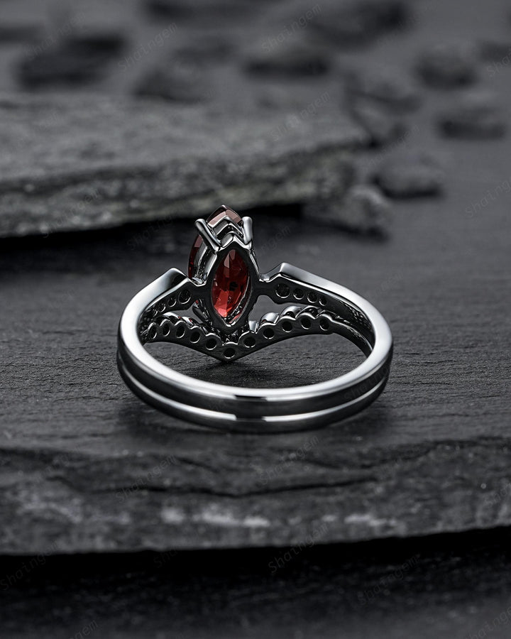 Gothic Black Marquise Cut Natural Red Garnet Engagement Ring Set, Black Rhodium Dark Wedding Bridal Set, Curved Milgrain Promise Ring Gift - ShainJewelry