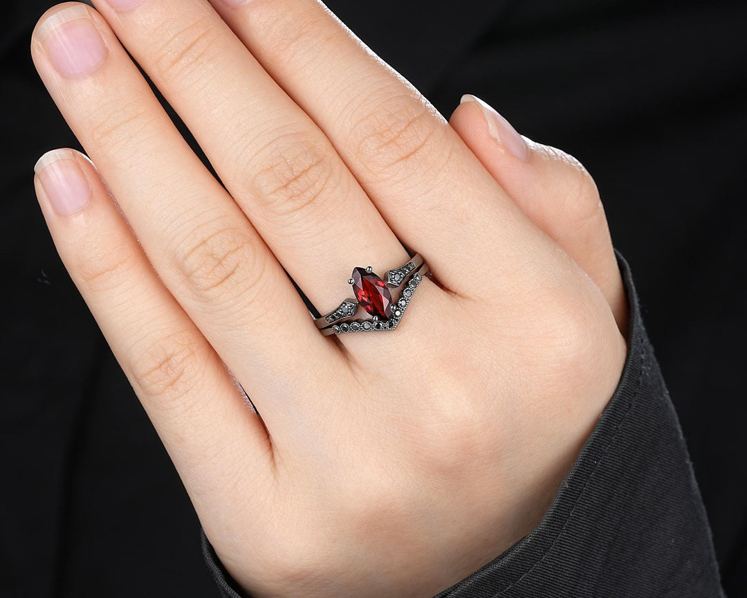 Gothic Black Marquise Cut Natural Red Garnet Engagement Ring Set, Black Rhodium Dark Wedding Bridal Set, Curved Milgrain Promise Ring Gift - ShainJewelry