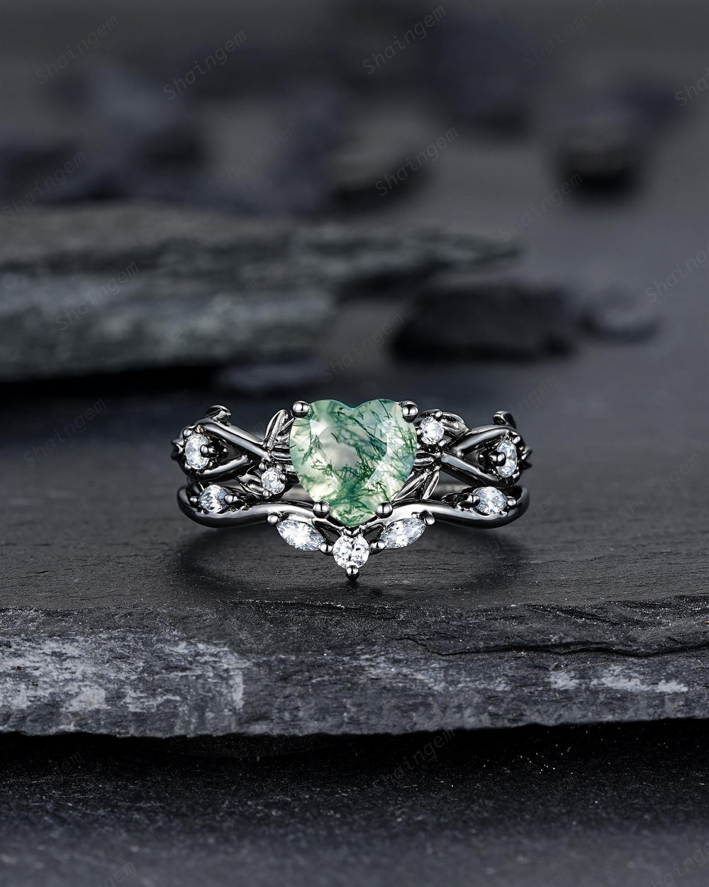 Unique Heart Shape Moss Agate Black Leaf Engagement Ring Set, Gothic Black Rhodium Twig Branch Promise Ring, Punk Vine Wedding Ring Gift - ShainJewelry