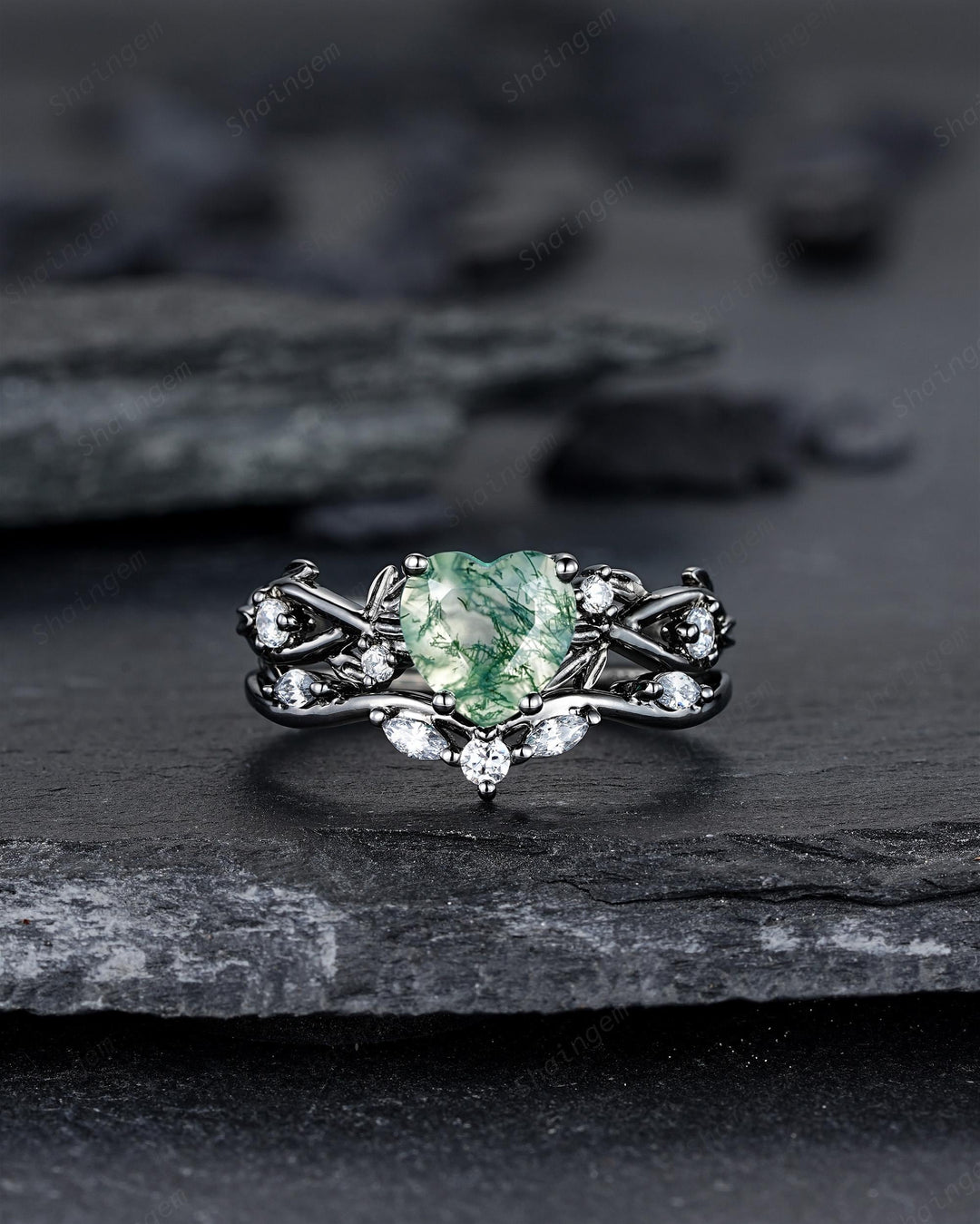 Unique Heart Shape Moss Agate Black Leaf Engagement Ring Set, Gothic Black Rhodium Twig Branch Promise Ring, Punk Vine Wedding Ring Gift - ShainJewelry
