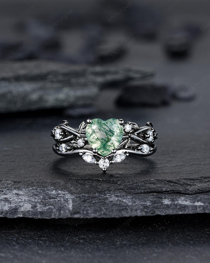 Unique Heart Shape Moss Agate Black Leaf Engagement Ring Set, Gothic Black Rhodium Twig Branch Promise Ring, Punk Vine Wedding Ring Gift - ShainJewelry