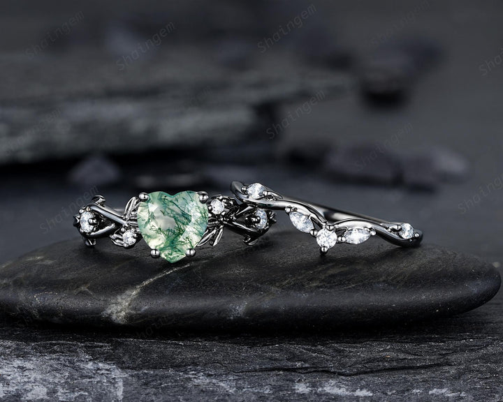 Unique Heart Shape Moss Agate Black Leaf Engagement Ring Set, Gothic Black Rhodium Twig Branch Promise Ring, Punk Vine Wedding Ring Gift - ShainJewelry
