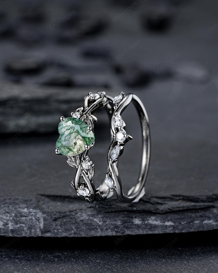 Unique Heart Shape Moss Agate Black Leaf Engagement Ring Set, Gothic Black Rhodium Twig Branch Promise Ring, Punk Vine Wedding Ring Gift - ShainJewelry