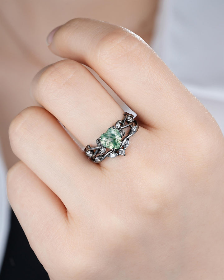 Unique Heart Shape Moss Agate Black Leaf Engagement Ring Set, Gothic Black Rhodium Twig Branch Promise Ring, Punk Vine Wedding Ring Gift - ShainJewelry