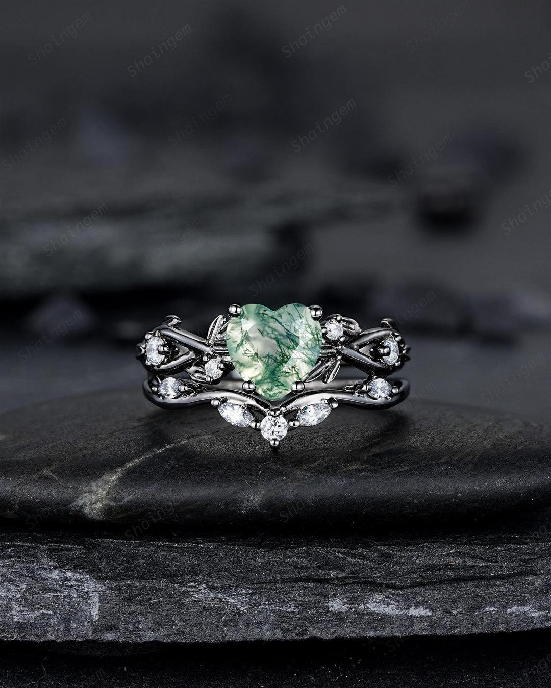 Unique Heart Shape Moss Agate Black Leaf Engagement Ring Set, Gothic Black Rhodium Twig Branch Promise Ring, Punk Vine Wedding Ring Gift - ShainJewelry