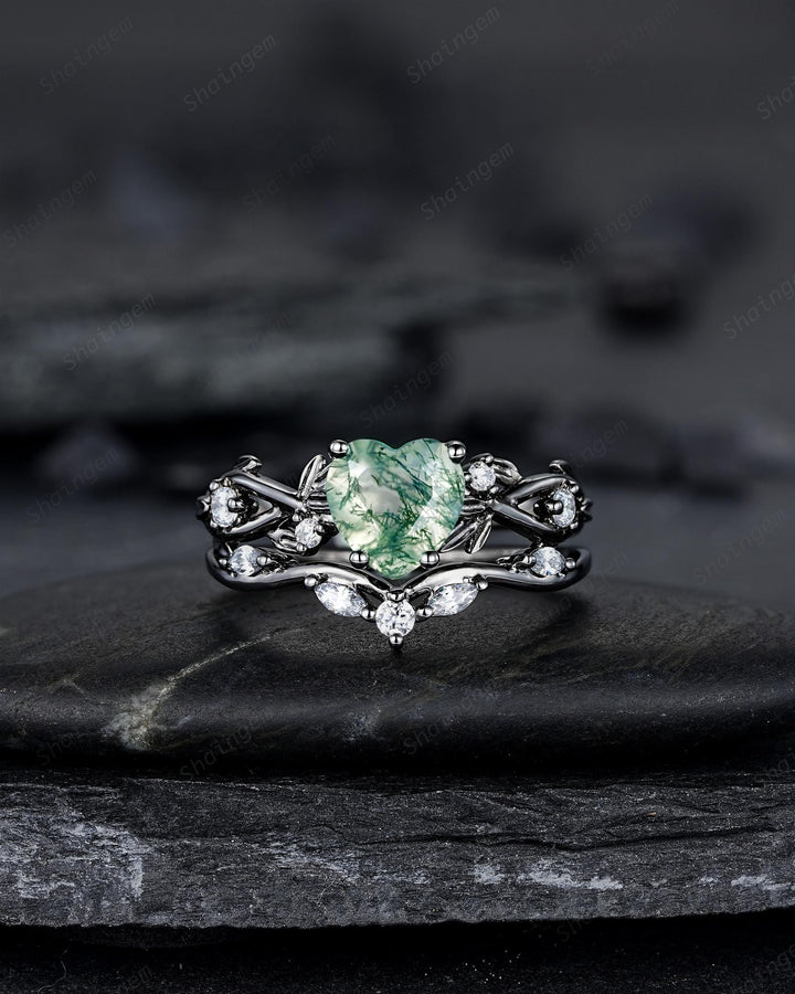 Unique Heart Shape Moss Agate Black Leaf Engagement Ring Set, Gothic Black Rhodium Twig Branch Promise Ring, Punk Vine Wedding Ring Gift - ShainJewelry