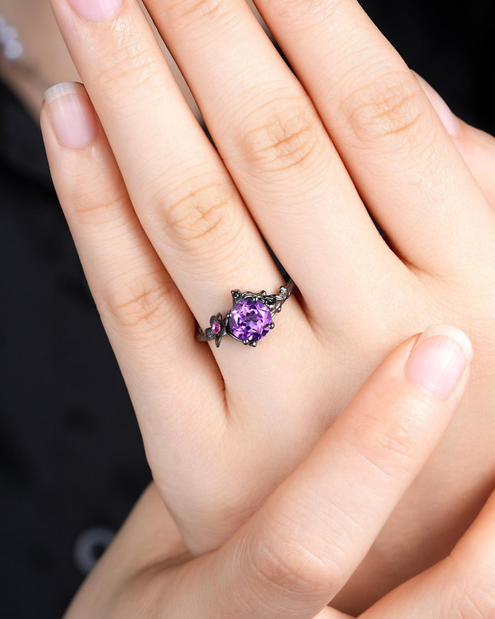 Gothic Two Tone Narcissus December Birth Flower Amethyst Solitaire Engagement Ring, Black Rhodium Nature Inspired Leaf Promise Wedding Ring - ShainJewelry