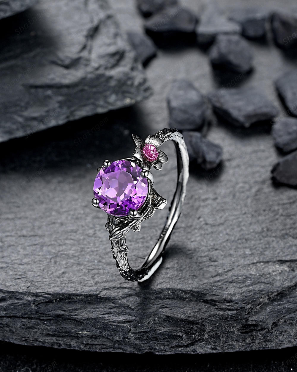 Gothic Two Tone Narcissus December Birth Flower Amethyst Solitaire Engagement Ring, Black Rhodium Nature Inspired Leaf Promise Wedding Ring - ShainJewelry