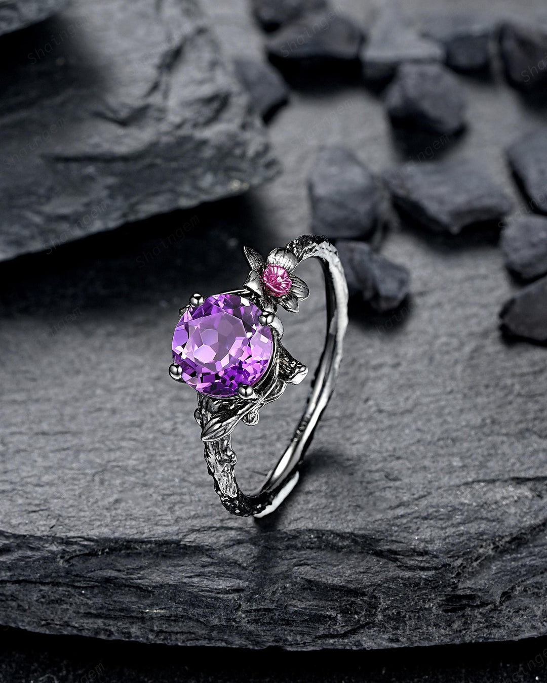 Gothic Two Tone Narcissus December Birth Flower Amethyst Solitaire Engagement Ring, Black Rhodium Nature Inspired Leaf Promise Wedding Ring - ShainJewelry