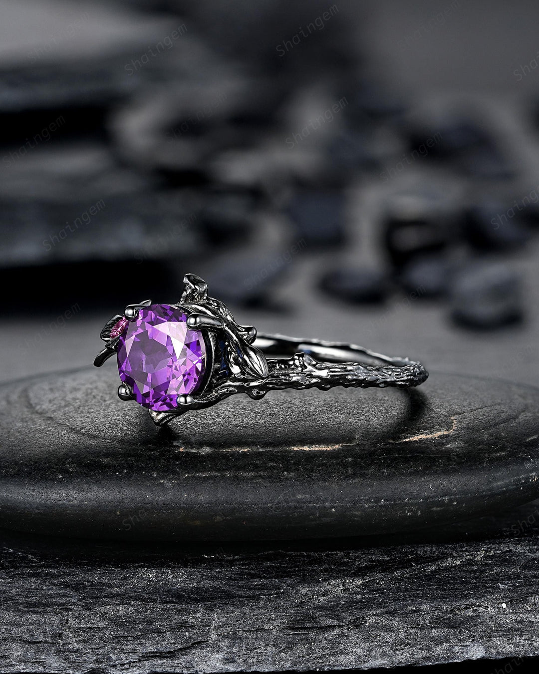 Gothic Two Tone Narcissus December Birth Flower Amethyst Solitaire Engagement Ring, Black Rhodium Nature Inspired Leaf Promise Wedding Ring - ShainJewelry