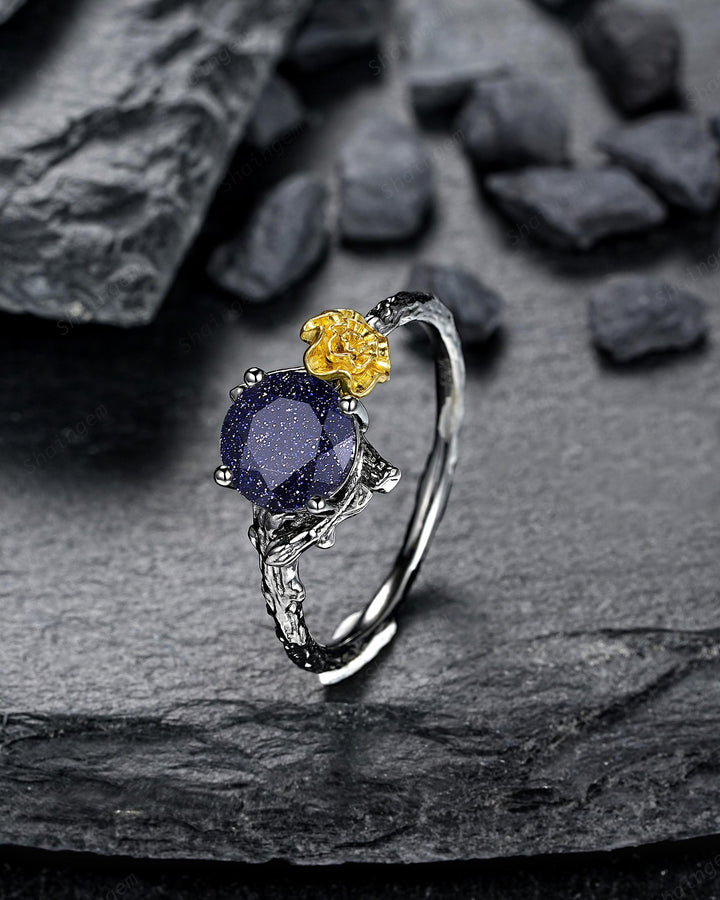 Gothic Two Tone Yellow Marigold October Birth Flower Blue Sandstone Engagement Ring Black Rhodium Nature Inspired Leaf Promise Wedding Ring - ShainJewelry