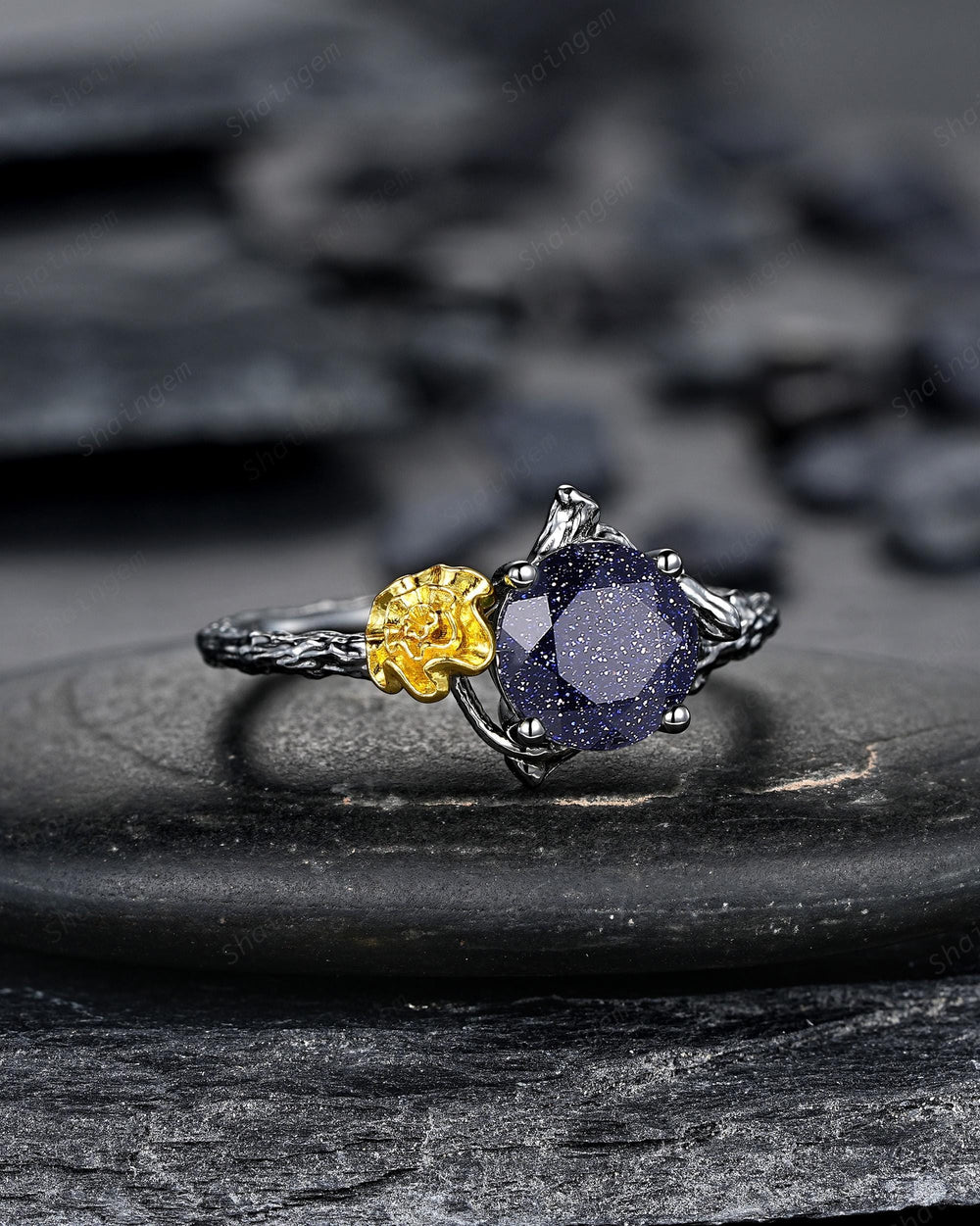 Gothic Two Tone Yellow Marigold October Birth Flower Blue Sandstone Engagement Ring Black Rhodium Nature Inspired Leaf Promise Wedding Ring - ShainJewelry