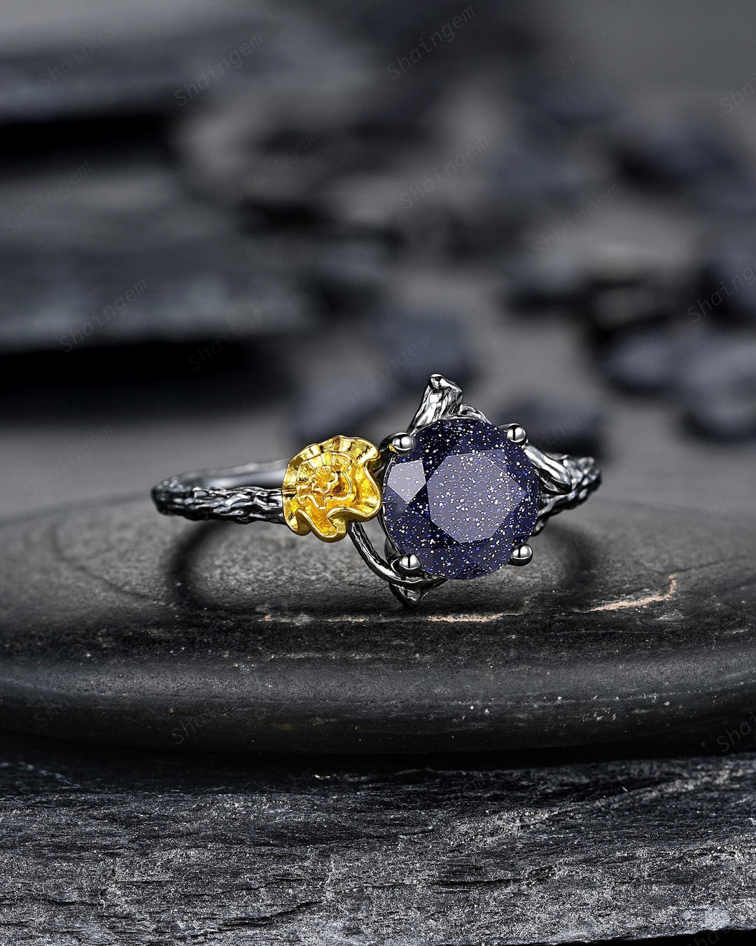Gothic Two Tone Yellow Marigold October Birth Flower Blue Sandstone Engagement Ring Black Rhodium Nature Inspired Leaf Promise Wedding Ring - ShainJewelry