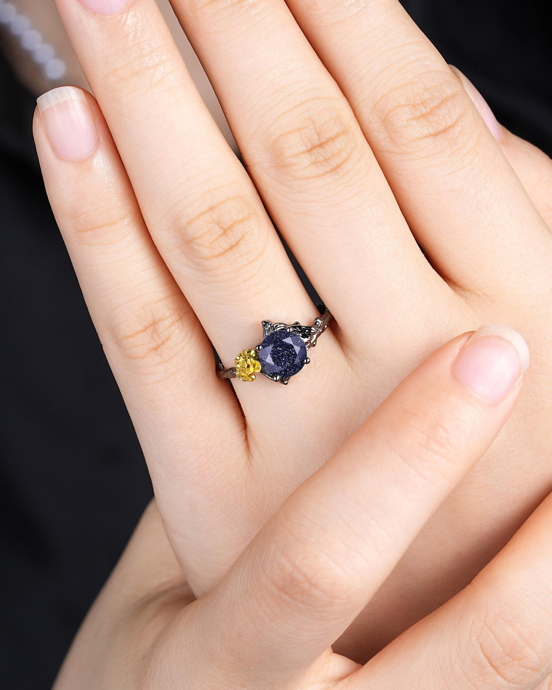 Gothic Two Tone Yellow Marigold October Birth Flower Blue Sandstone Engagement Ring Black Rhodium Nature Inspired Leaf Promise Wedding Ring - ShainJewelry
