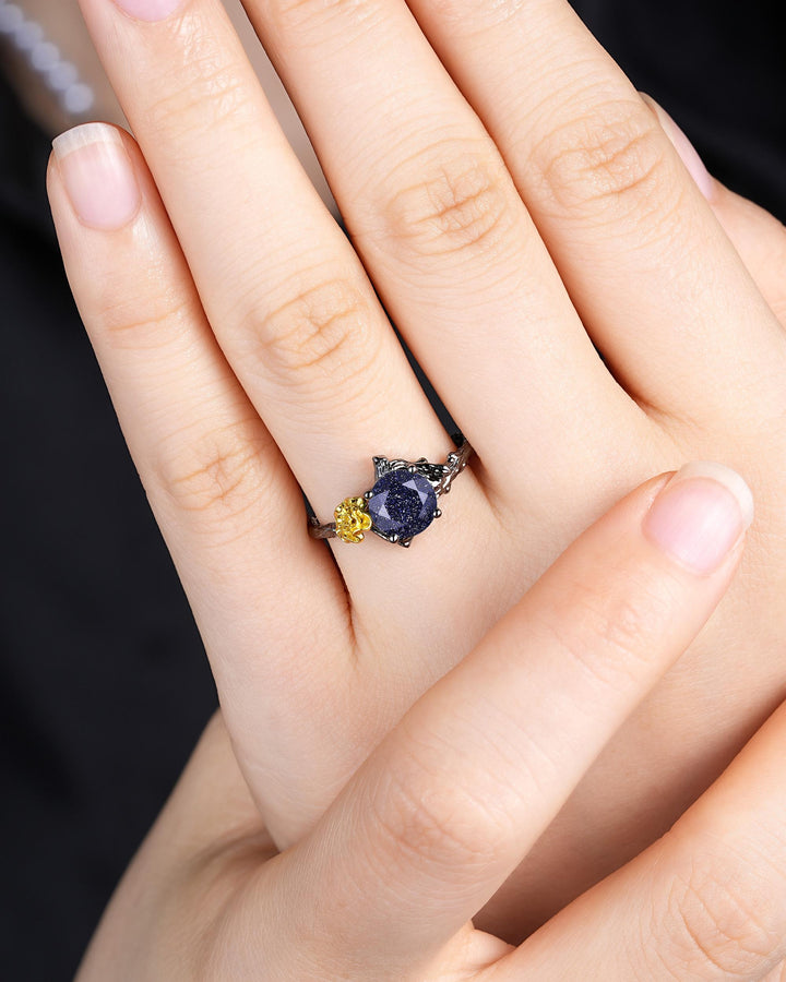 Gothic Two Tone Yellow Marigold October Birth Flower Blue Sandstone Engagement Ring Black Rhodium Nature Inspired Leaf Promise Wedding Ring - ShainJewelry