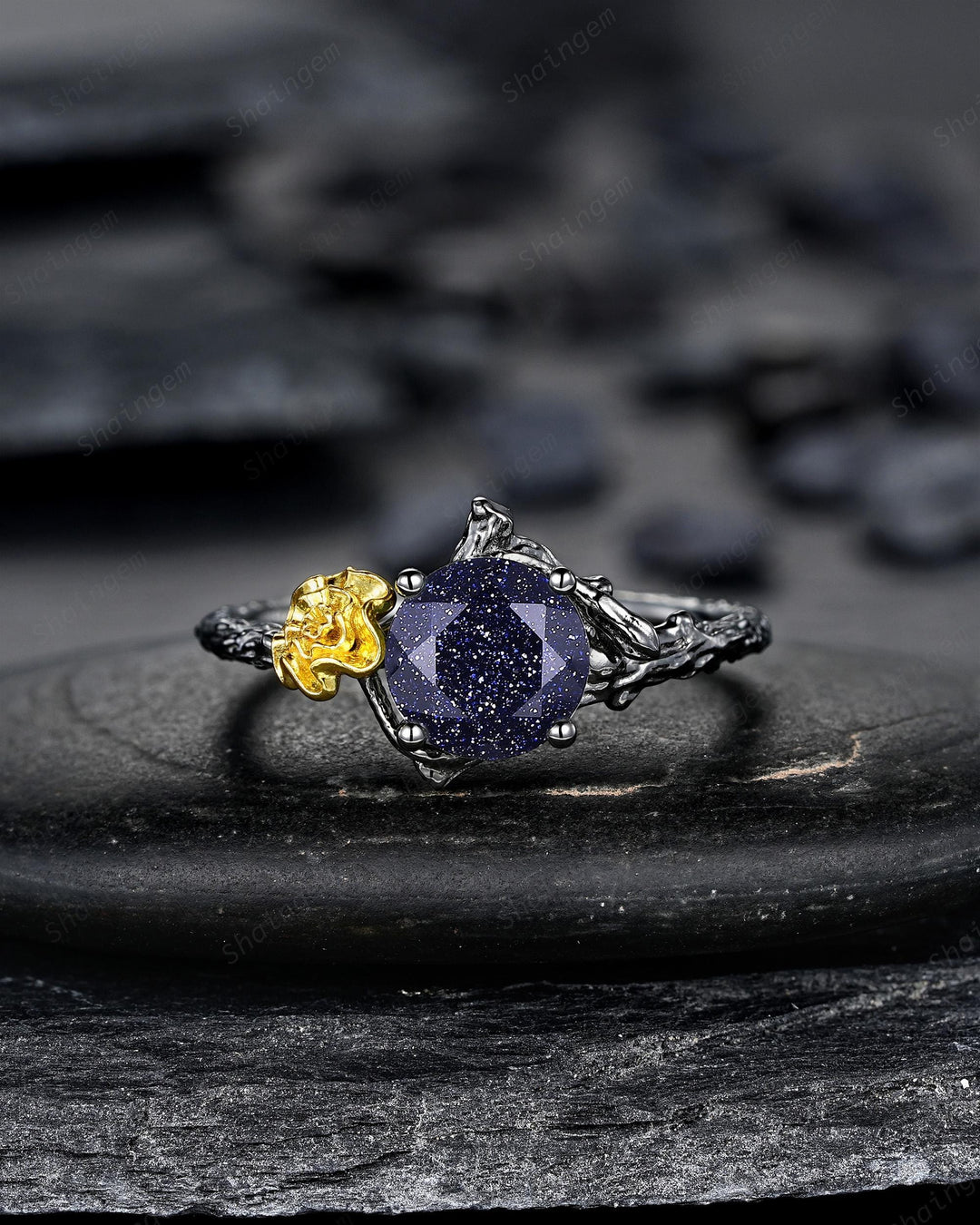 Gothic Two Tone Yellow Marigold October Birth Flower Blue Sandstone Engagement Ring Black Rhodium Nature Inspired Leaf Promise Wedding Ring - ShainJewelry