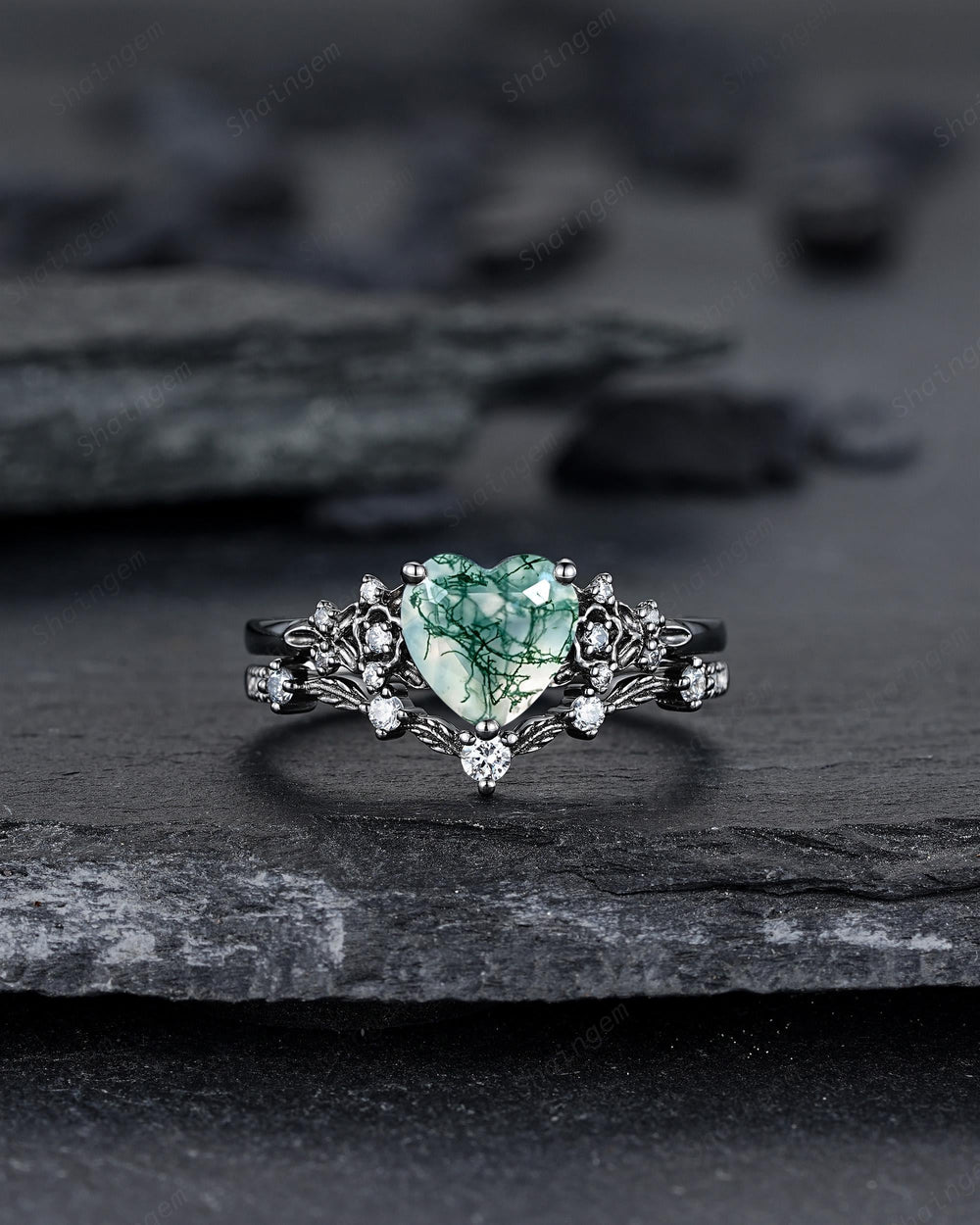 Gothic Heart Shape Moss Agate Black Leaf Engagement Ring Set, Dark Black Rhodium Twig Branch Promise Ring, Punk Vine Wedding Ring Gift her - ShainJewelry