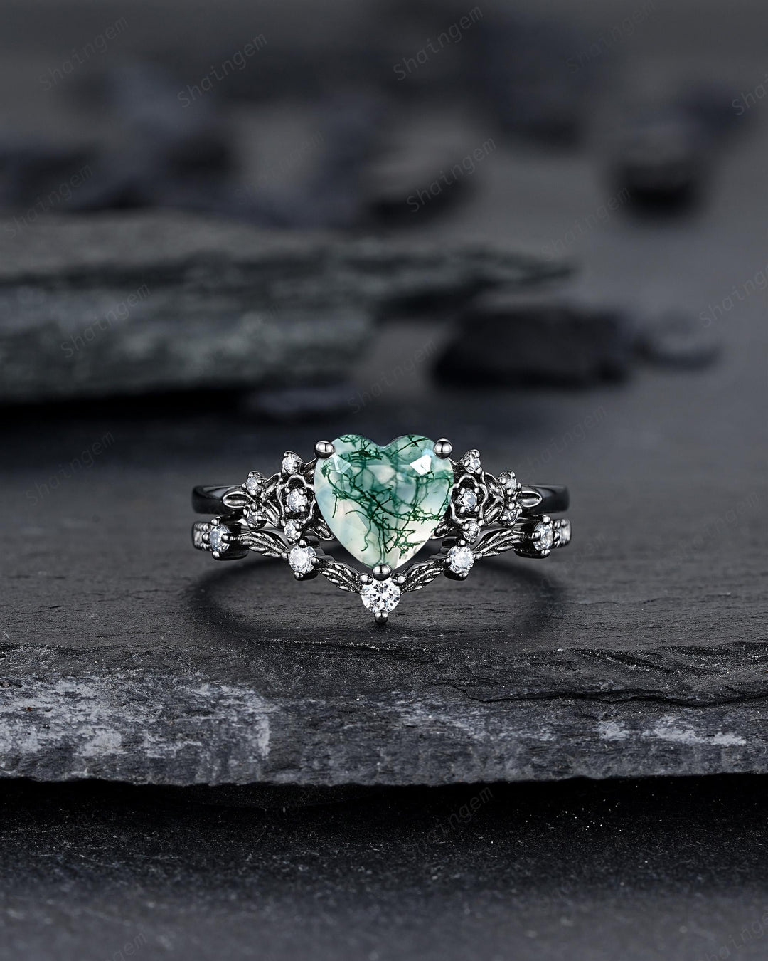 Gothic Heart Shape Moss Agate Black Leaf Engagement Ring Set, Dark Black Rhodium Twig Branch Promise Ring, Punk Vine Wedding Ring Gift her - ShainJewelry