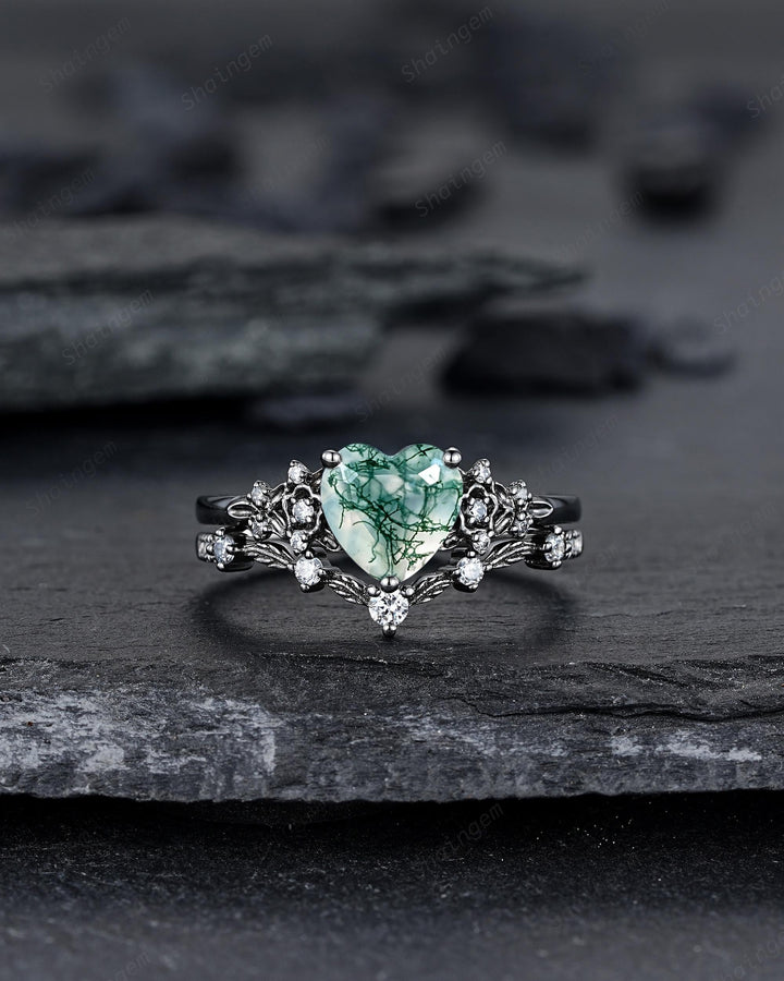 Gothic Heart Shape Moss Agate Black Leaf Engagement Ring Set, Dark Black Rhodium Twig Branch Promise Ring, Punk Vine Wedding Ring Gift her - ShainJewelry