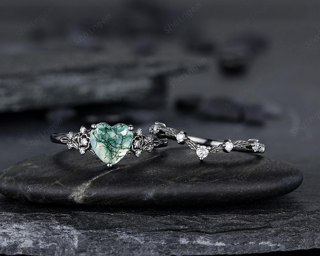 Gothic Heart Shape Moss Agate Black Leaf Engagement Ring Set, Dark Black Rhodium Twig Branch Promise Ring, Punk Vine Wedding Ring Gift her - ShainJewelry