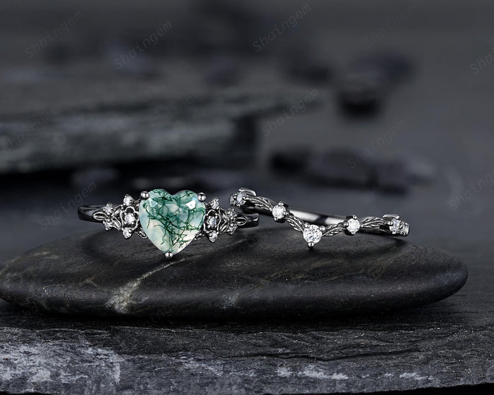 Gothic Heart Shape Moss Agate Black Leaf Engagement Ring Set, Dark Black Rhodium Twig Branch Promise Ring, Punk Vine Wedding Ring Gift her - ShainJewelry