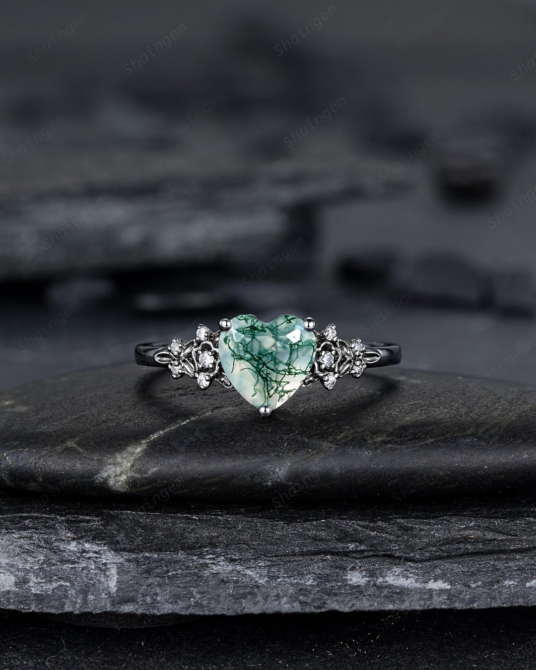 Gothic Heart Shape Moss Agate Black Leaf Engagement Ring Set, Dark Black Rhodium Twig Branch Promise Ring, Punk Vine Wedding Ring Gift her - ShainJewelry