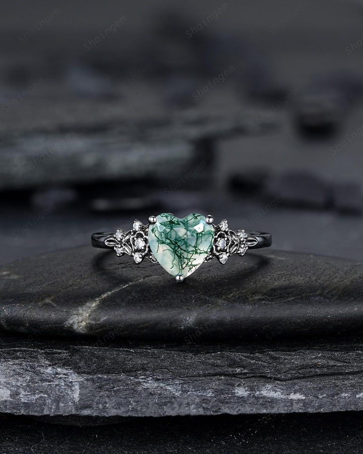 Gothic Heart Shape Moss Agate Black Leaf Engagement Ring Set, Dark Black Rhodium Twig Branch Promise Ring, Punk Vine Wedding Ring Gift her - ShainJewelry