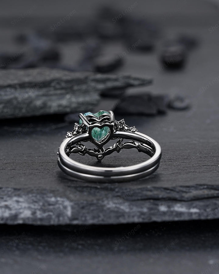 Gothic Heart Shape Moss Agate Black Leaf Engagement Ring Set, Dark Black Rhodium Twig Branch Promise Ring, Punk Vine Wedding Ring Gift her - ShainJewelry
