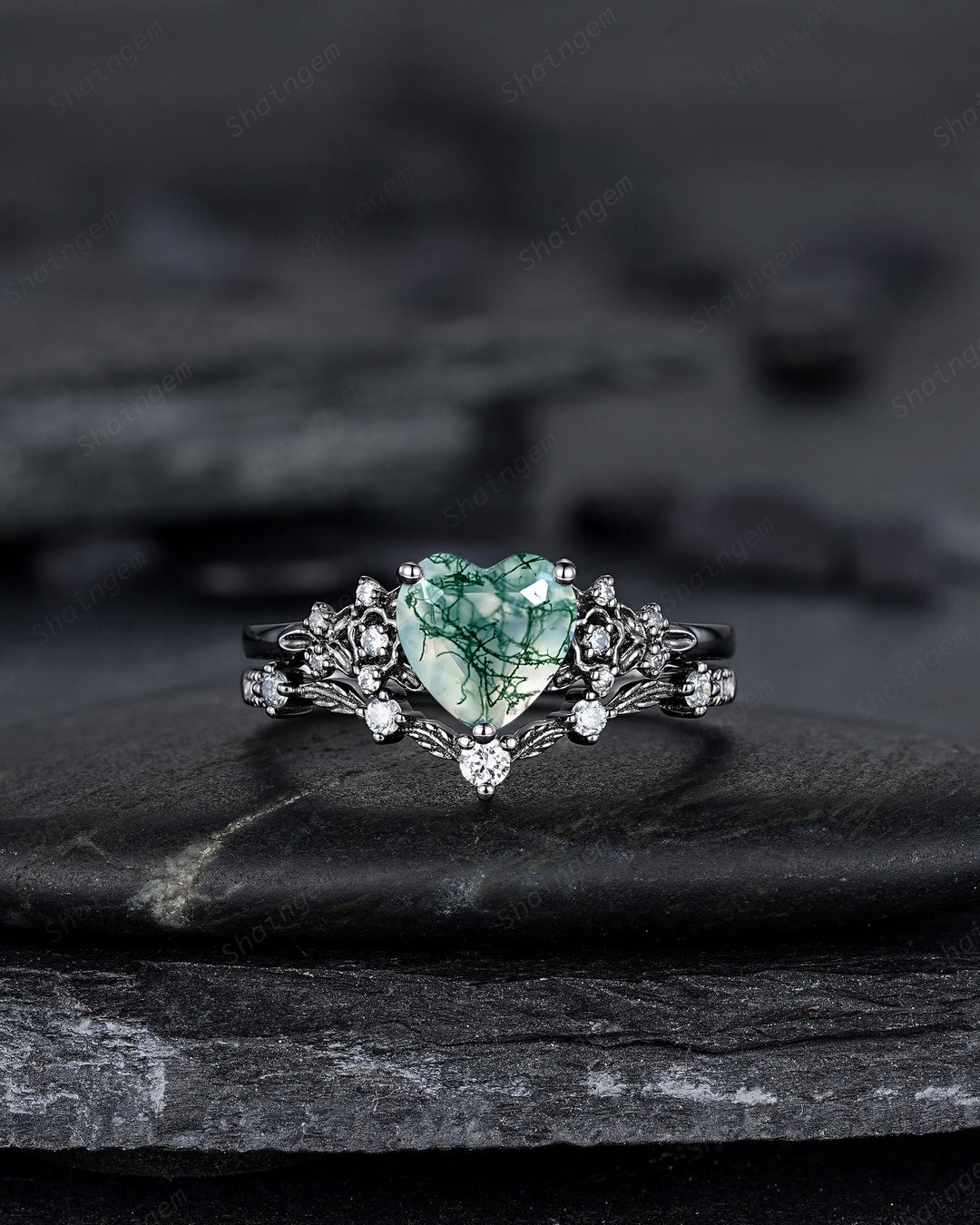 Gothic Heart Shape Moss Agate Black Leaf Engagement Ring Set, Dark Black Rhodium Twig Branch Promise Ring, Punk Vine Wedding Ring Gift her - ShainJewelry