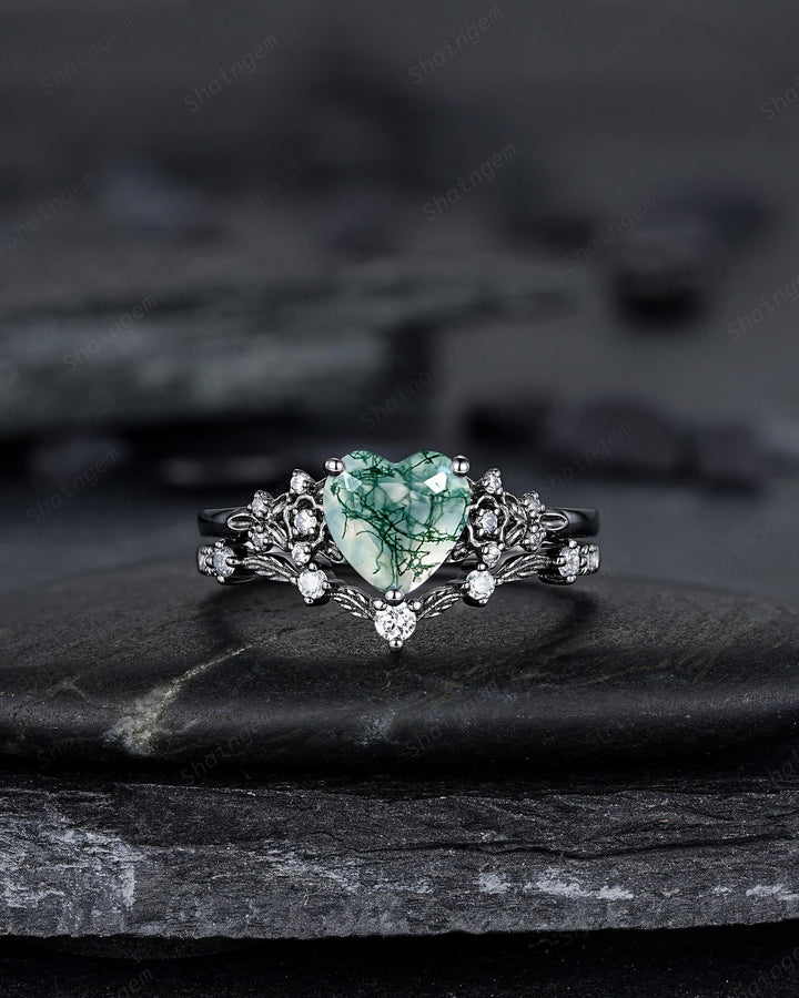 Gothic Heart Shape Moss Agate Black Leaf Engagement Ring Set, Dark Black Rhodium Twig Branch Promise Ring, Punk Vine Wedding Ring Gift her - ShainJewelry