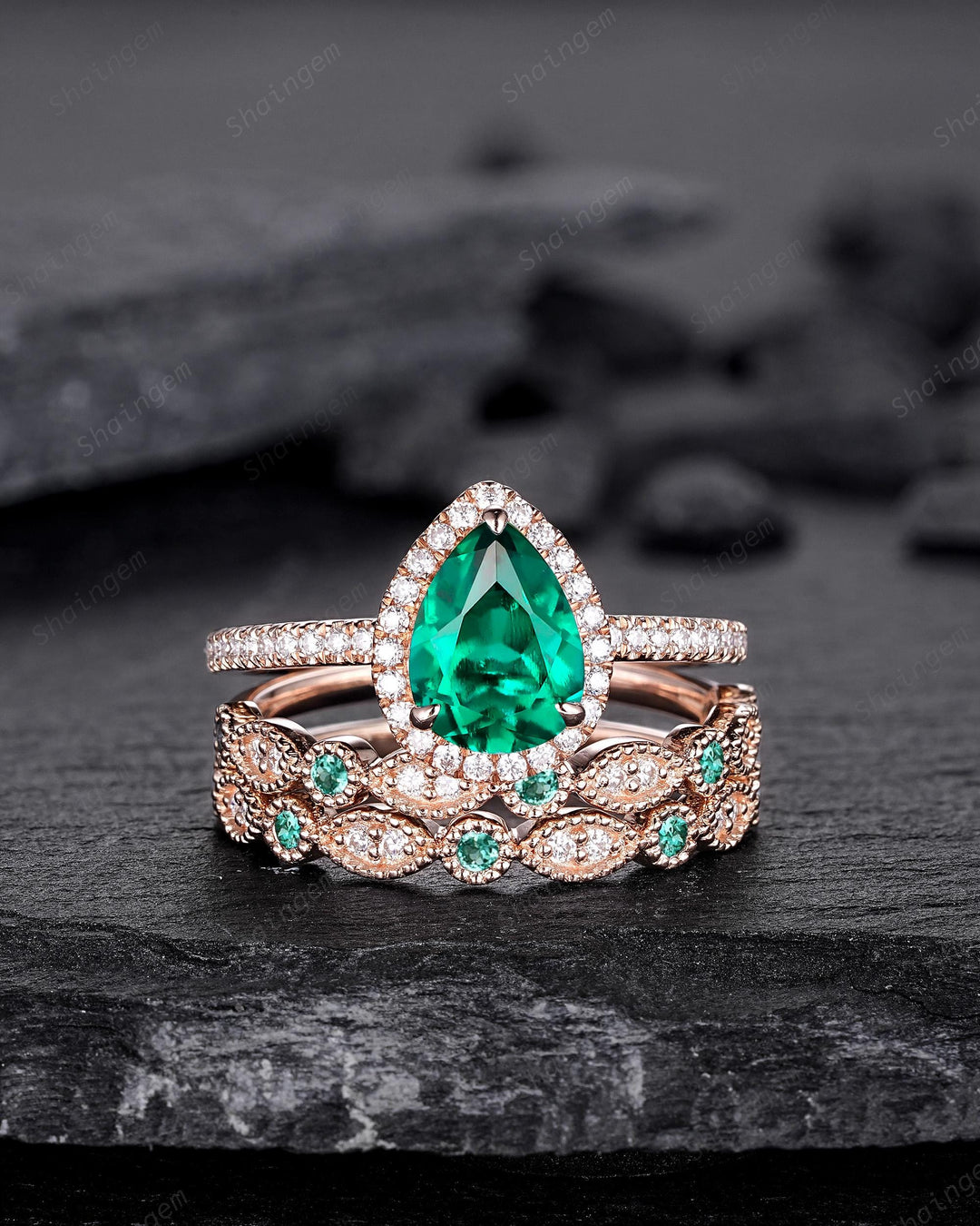 3PCS Pear Shape Emerald Halo Engagement Ring Vintage Rose Gold Green Stone Bridal Set Unique May Birthstone Promise Wedding Ring for Women - ShainJewelry