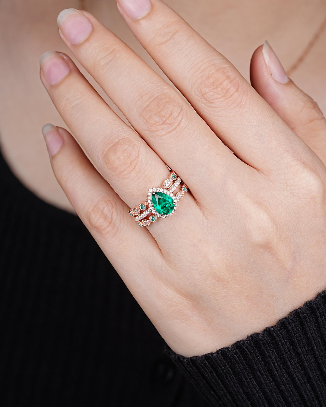 3PCS Pear Shape Emerald Halo Engagement Ring Vintage Rose Gold Green Stone Bridal Set Unique May Birthstone Promise Wedding Ring for Women - ShainJewelry