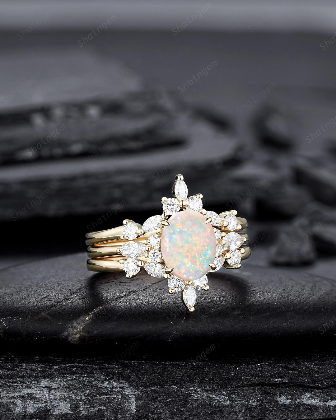 3PCS Oval Shape Natural Australian White Fire Opal Engagement Ring Set, 14K 18K Rose Gold Halo Promise Wedding Ring Anniversary Gift Woman - ShainJewelry