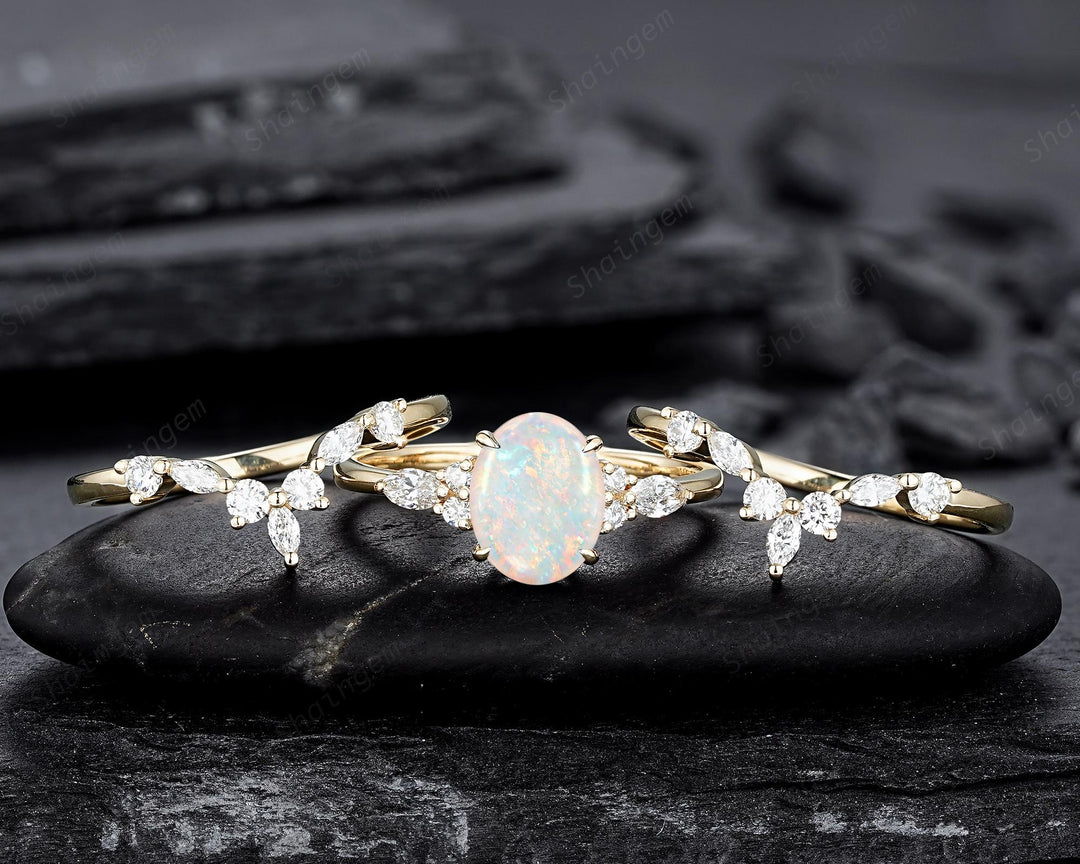 3PCS Oval Shape Natural Australian White Fire Opal Engagement Ring Set, 14K 18K Rose Gold Halo Promise Wedding Ring Anniversary Gift Woman - ShainJewelry
