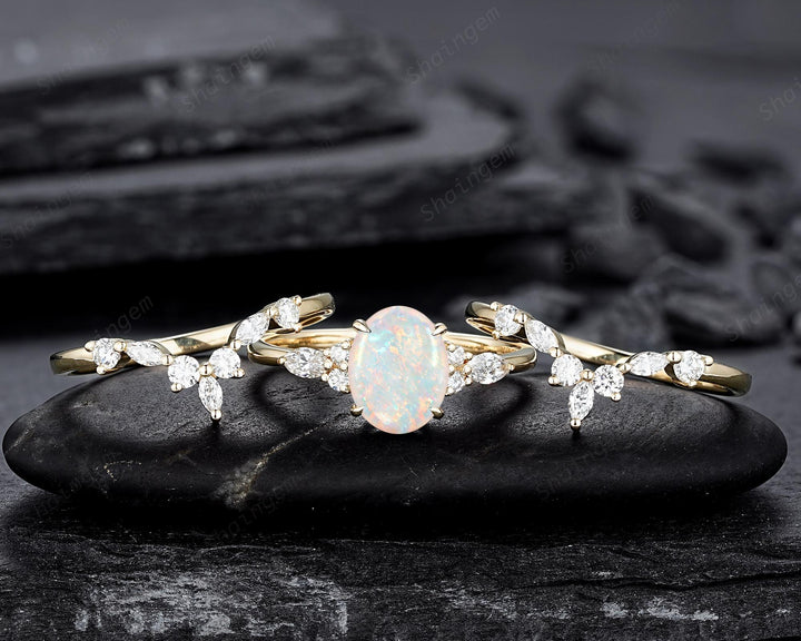3PCS Oval Shape Natural Australian White Fire Opal Engagement Ring Set, 14K 18K Rose Gold Halo Promise Wedding Ring Anniversary Gift Woman - ShainJewelry