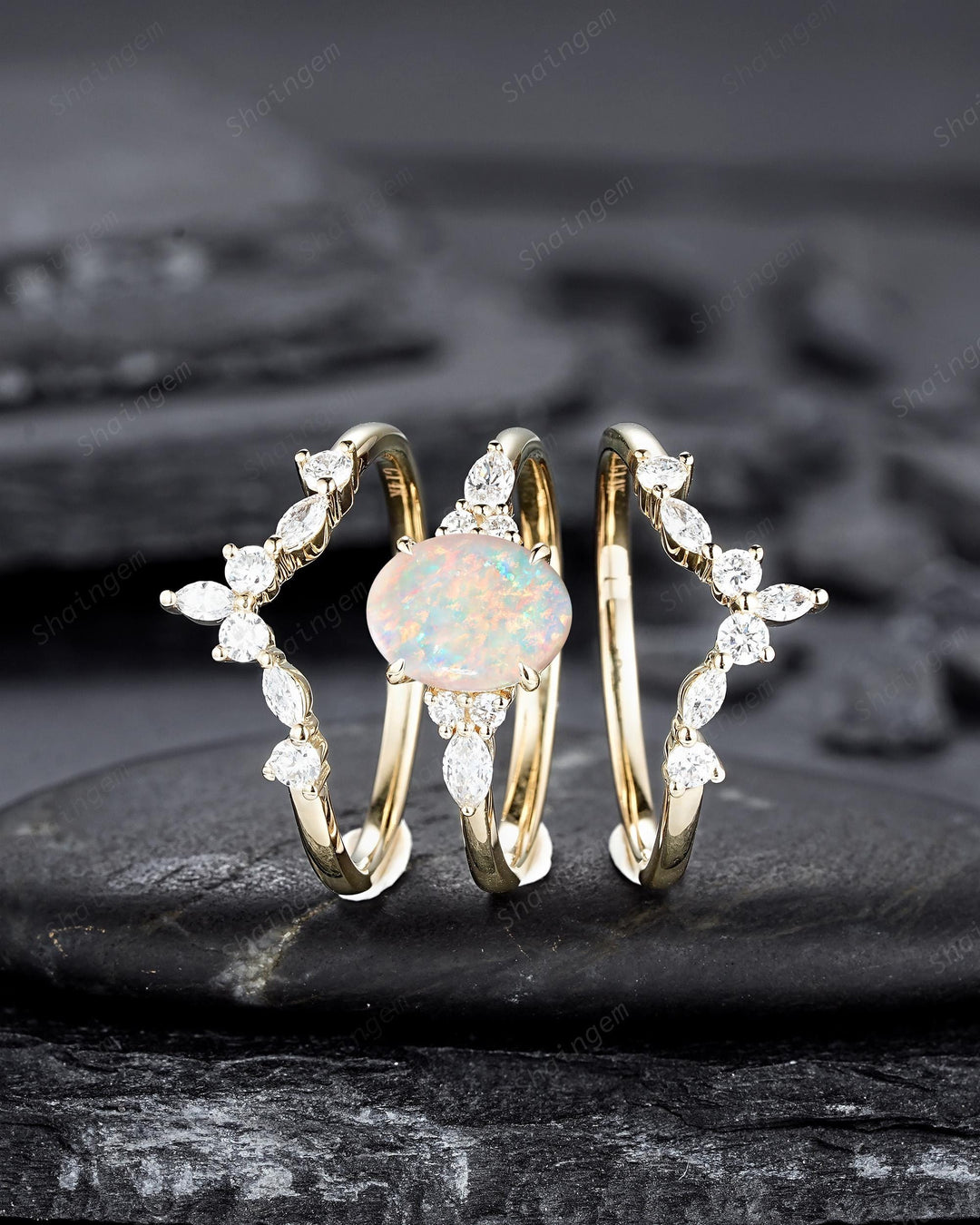 3PCS Oval Shape Natural Australian White Fire Opal Engagement Ring Set, 14K 18K Rose Gold Halo Promise Wedding Ring Anniversary Gift Woman - ShainJewelry