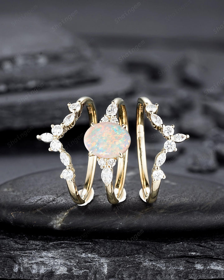 3PCS Oval Shape Natural Australian White Fire Opal Engagement Ring Set, 14K 18K Rose Gold Halo Promise Wedding Ring Anniversary Gift Woman - ShainJewelry