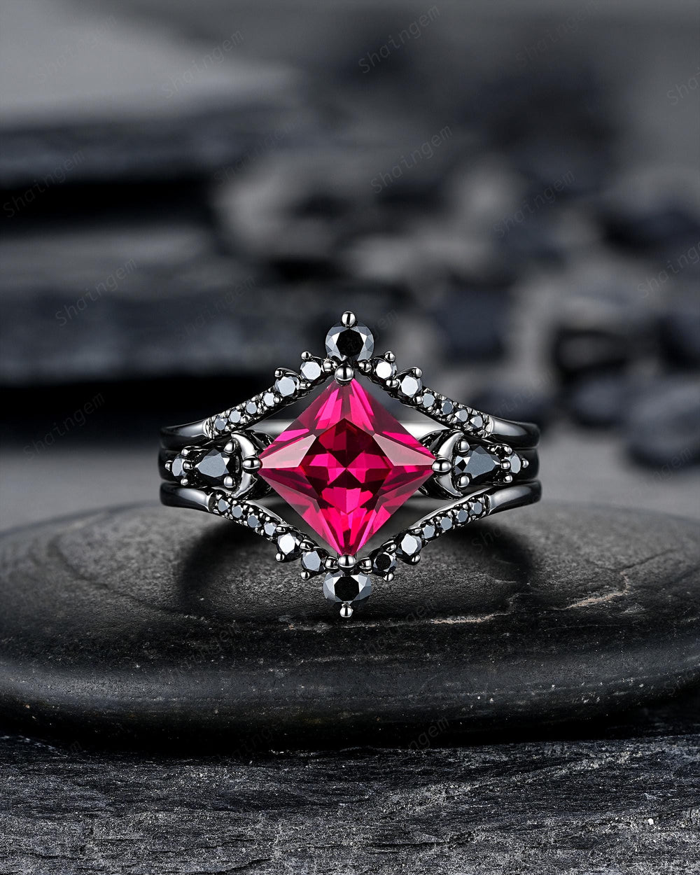 3PCS Gothic Black Gold Princess Cut Ruby Crescent Engagement Ring Unique Goth Black Rhodium Moon Wedding Set Dark Promise Ring Gift Women - ShainJewelry