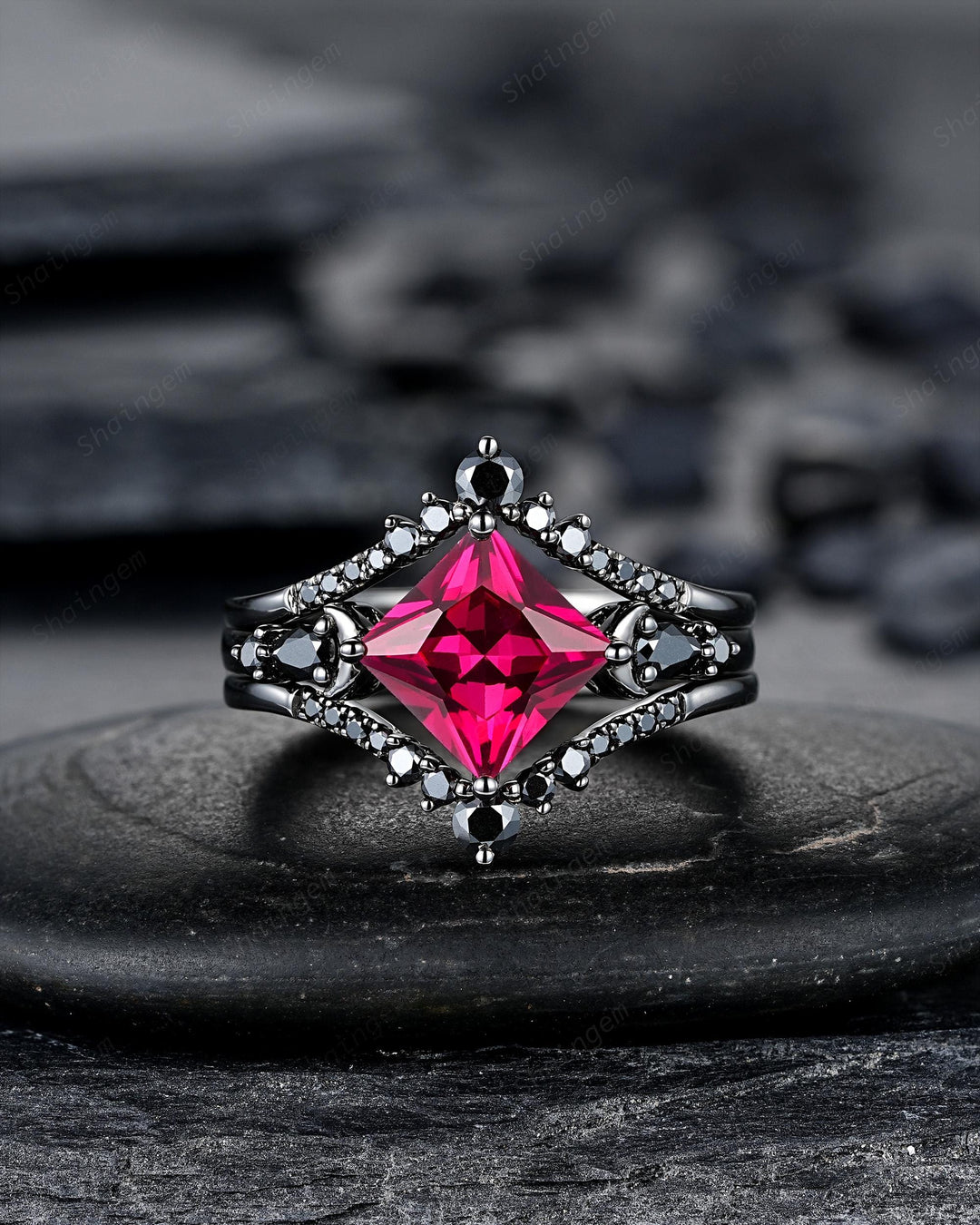 3PCS Gothic Black Gold Princess Cut Ruby Crescent Engagement Ring Unique Goth Black Rhodium Moon Wedding Set Dark Promise Ring Gift Women - ShainJewelry