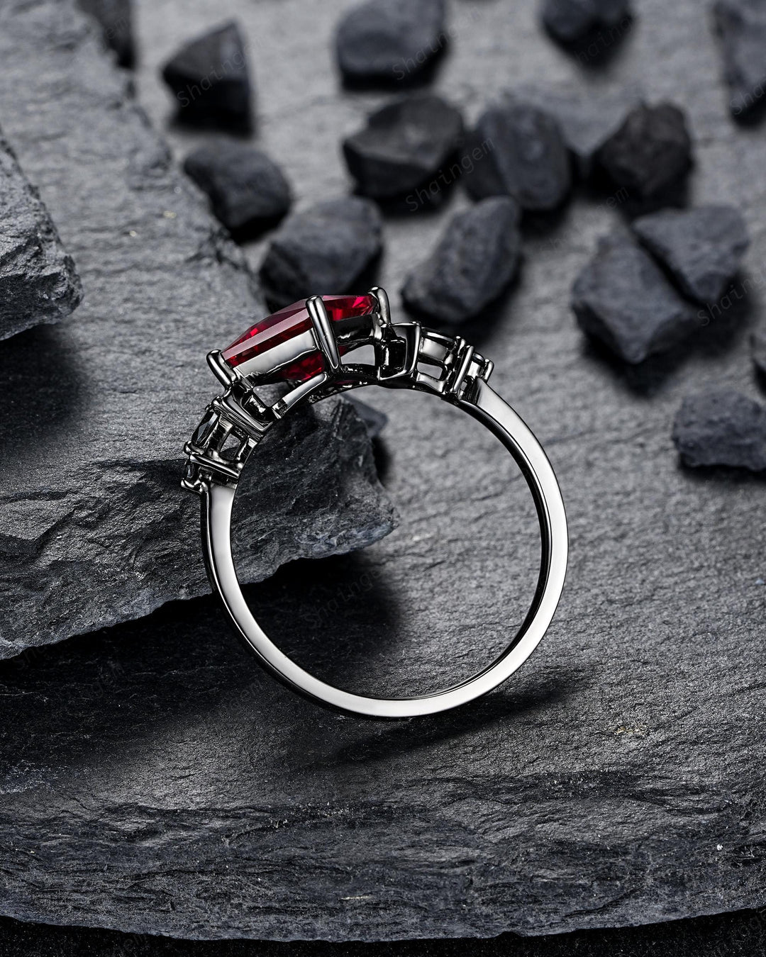 3PCS Gothic Black Gold Princess Cut Ruby Crescent Engagement Ring Unique Goth Black Rhodium Moon Wedding Set Dark Promise Ring Gift Women - ShainJewelry