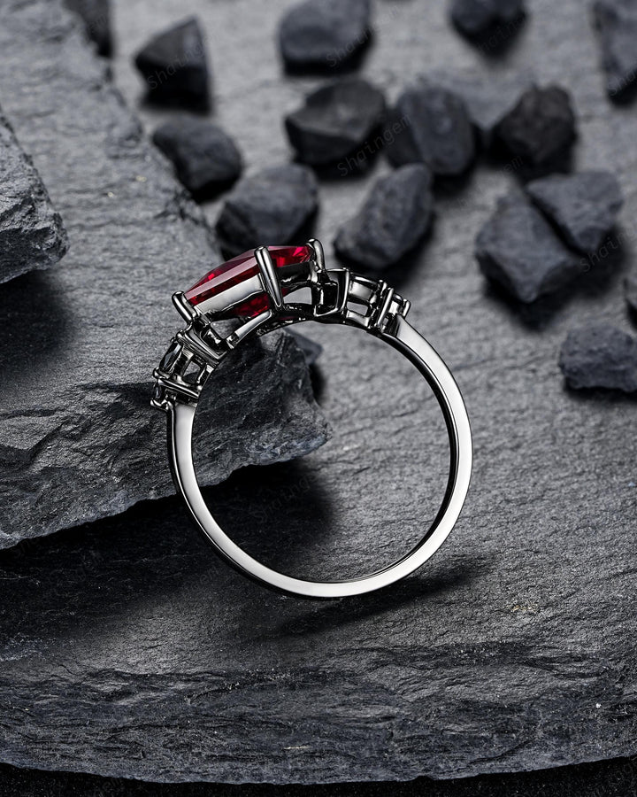 3PCS Gothic Black Gold Princess Cut Ruby Crescent Engagement Ring Unique Goth Black Rhodium Moon Wedding Set Dark Promise Ring Gift Women - ShainJewelry