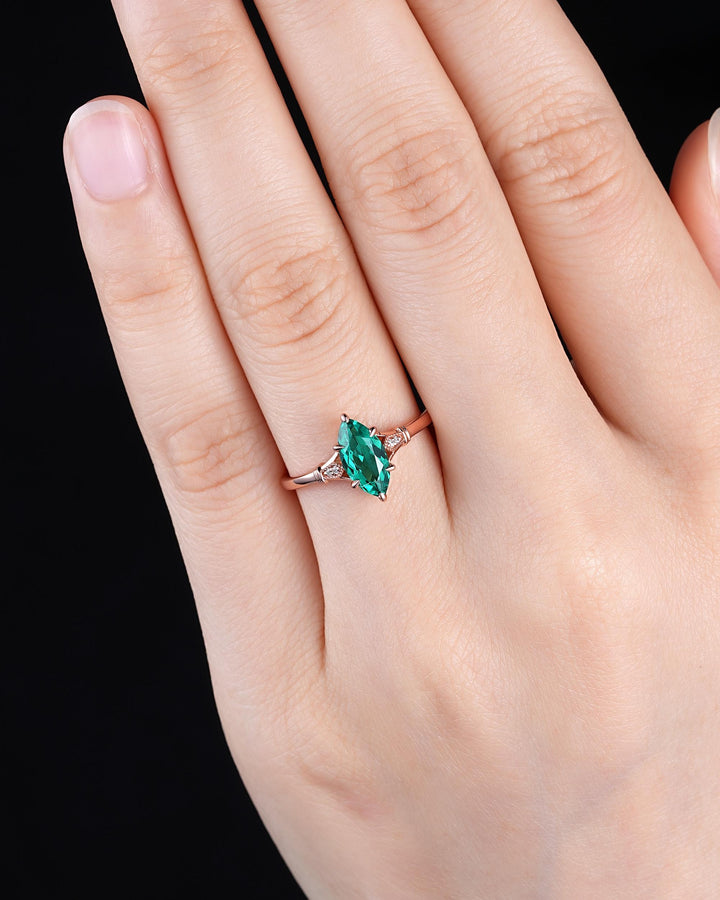 Vintage Marquise Cut Emerald Engagement Ring, Unique May Birthstone Wedding Ring, Dainty Milgrain Rose Gold Promise Ring Gift for Women - ShainJewelry