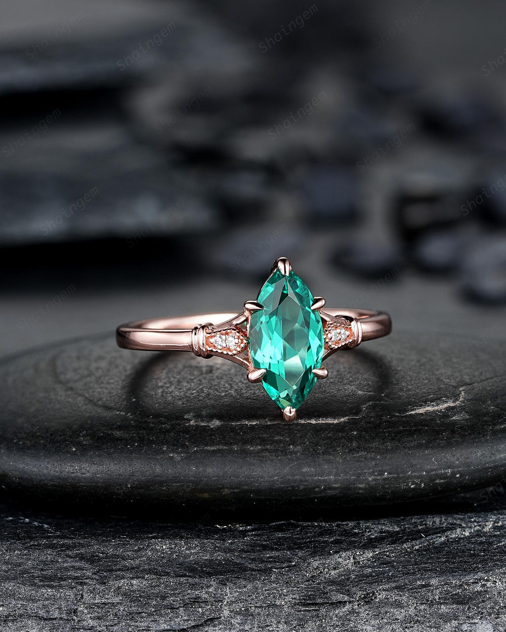 Vintage Marquise Cut Emerald Engagement Ring, Unique May Birthstone Wedding Ring, Dainty Milgrain Rose Gold Promise Ring Gift for Women - ShainJewelry