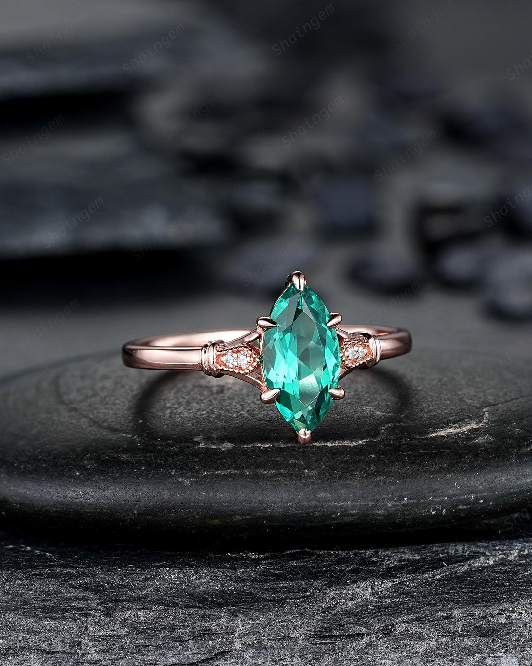 Vintage Marquise Cut Emerald Engagement Ring, Unique May Birthstone Wedding Ring, Dainty Milgrain Rose Gold Promise Ring Gift for Women - ShainJewelry