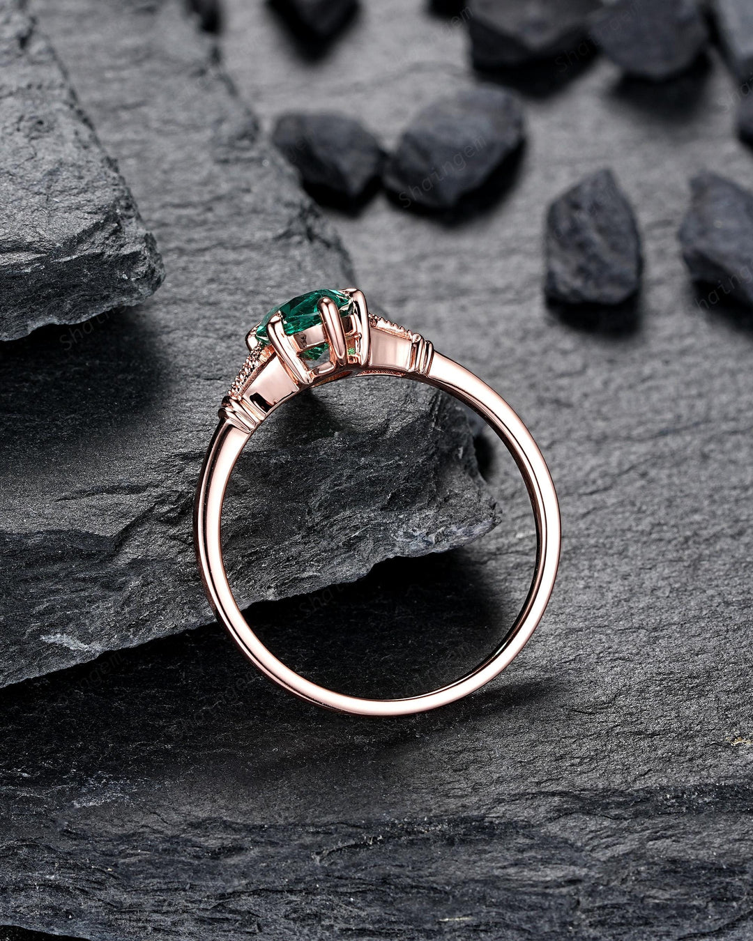 Vintage Marquise Cut Emerald Engagement Ring, Unique May Birthstone Wedding Ring, Dainty Milgrain Rose Gold Promise Ring Gift for Women - ShainJewelry